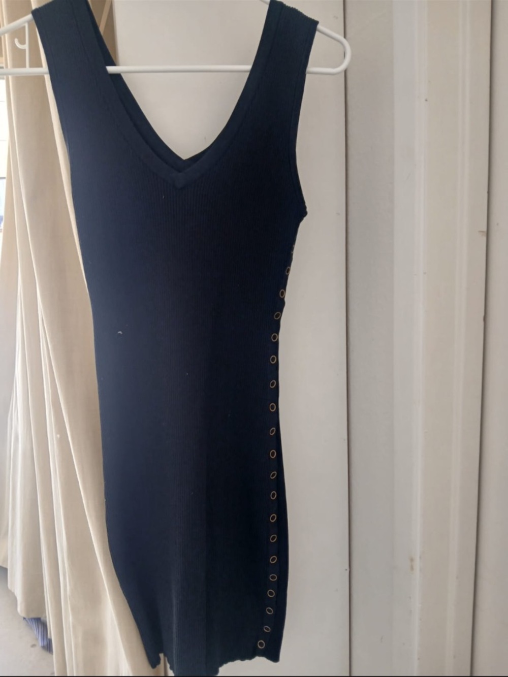 Ribbed V-Neck Midi Dress with Side Eyelet Detail in Navy